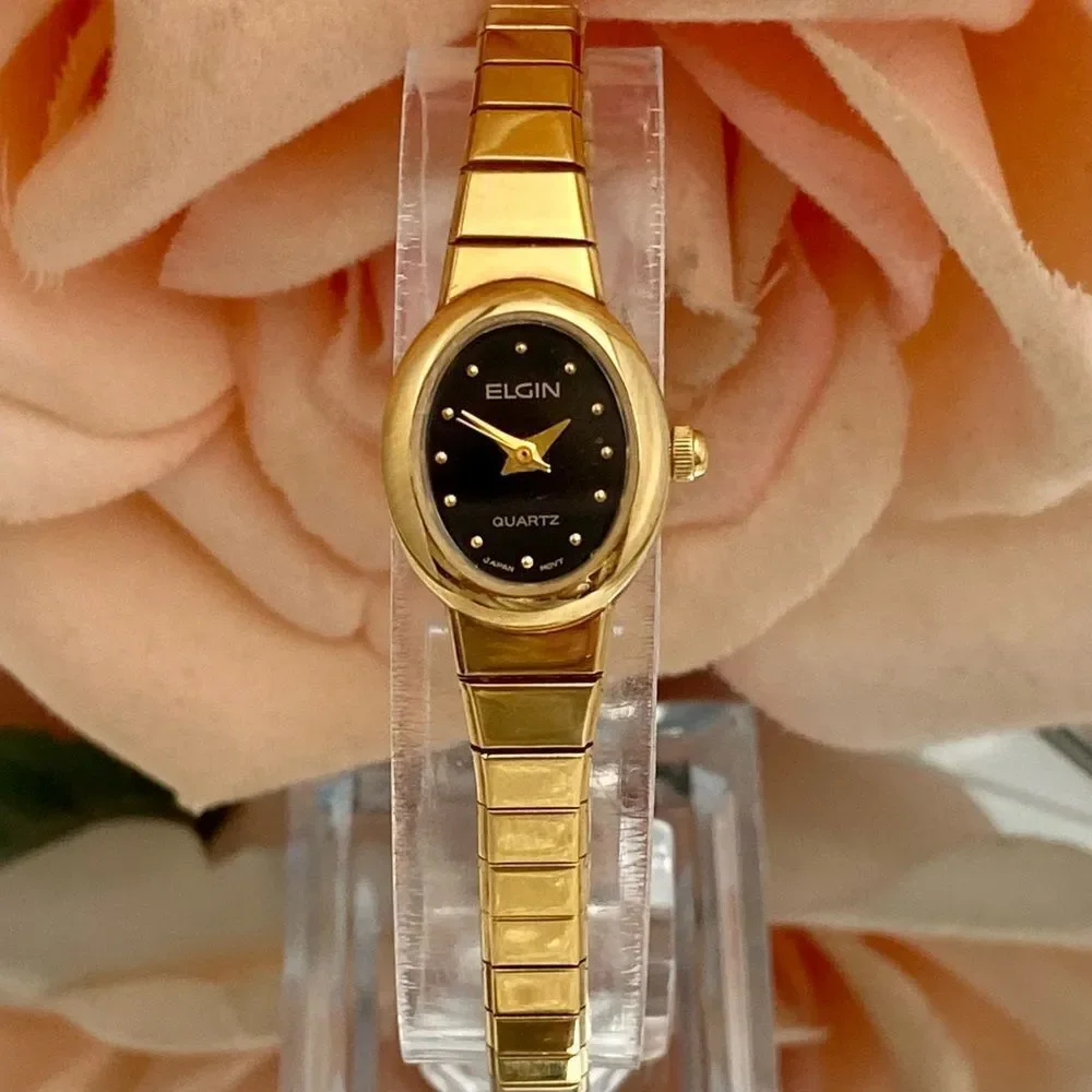 Vintage Elgin Gold-Tone Black Dial Dainty Dress Watch